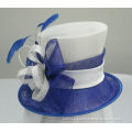 White / Royal Blue Sinamay Ladies Hats For Horse Racing With Satin &amp; Feather Trim